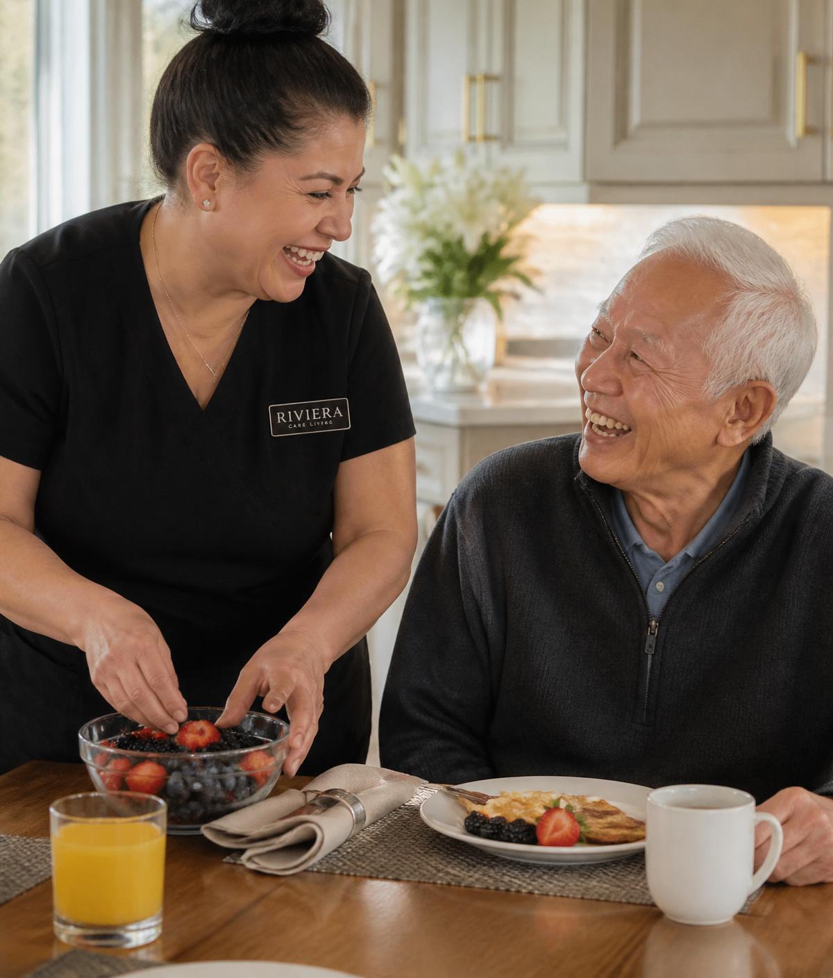 Caregiver preparing a meal with an adult client