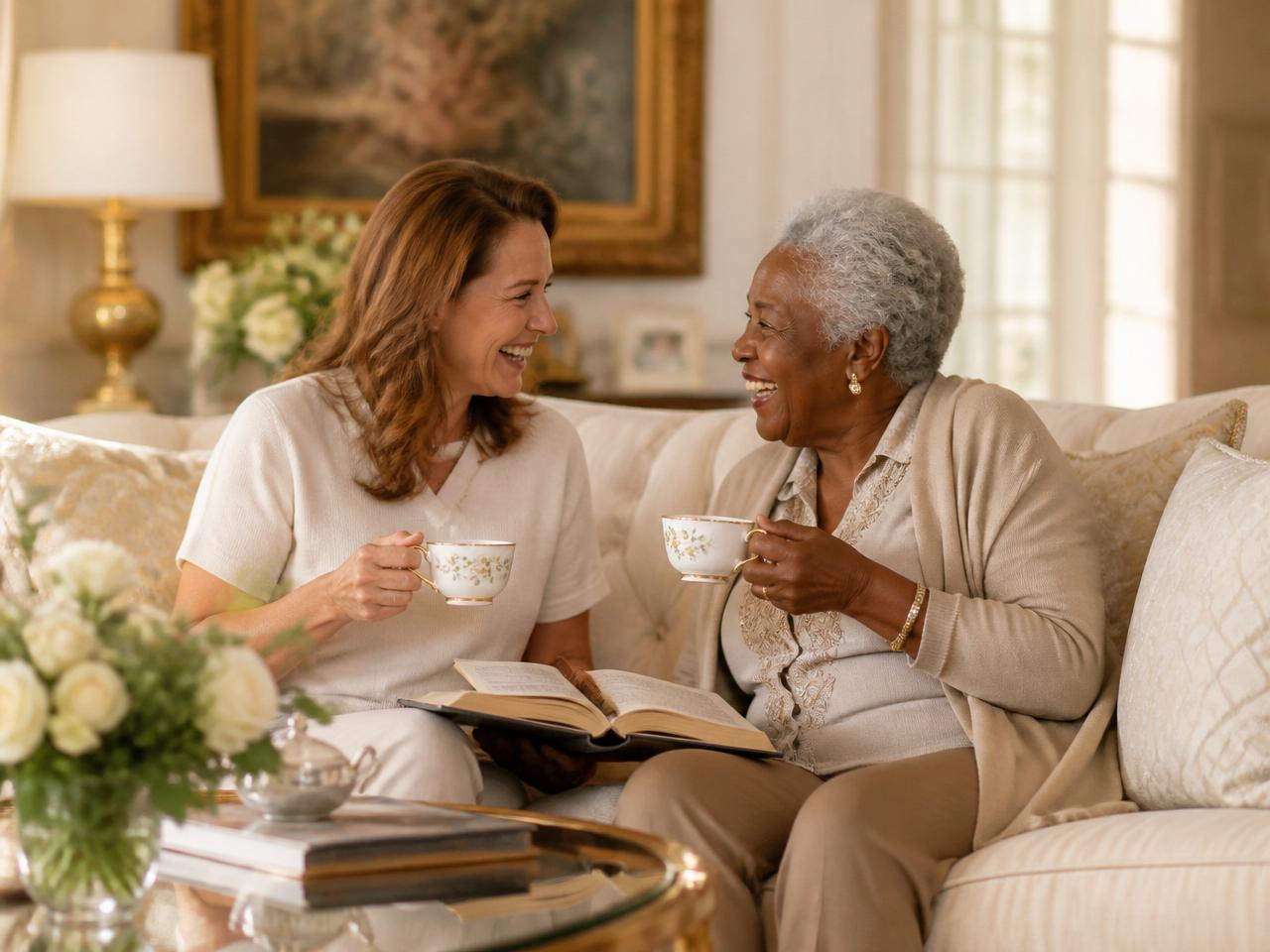 Caregiver and client sharing coffee and conversation in an elegant living room