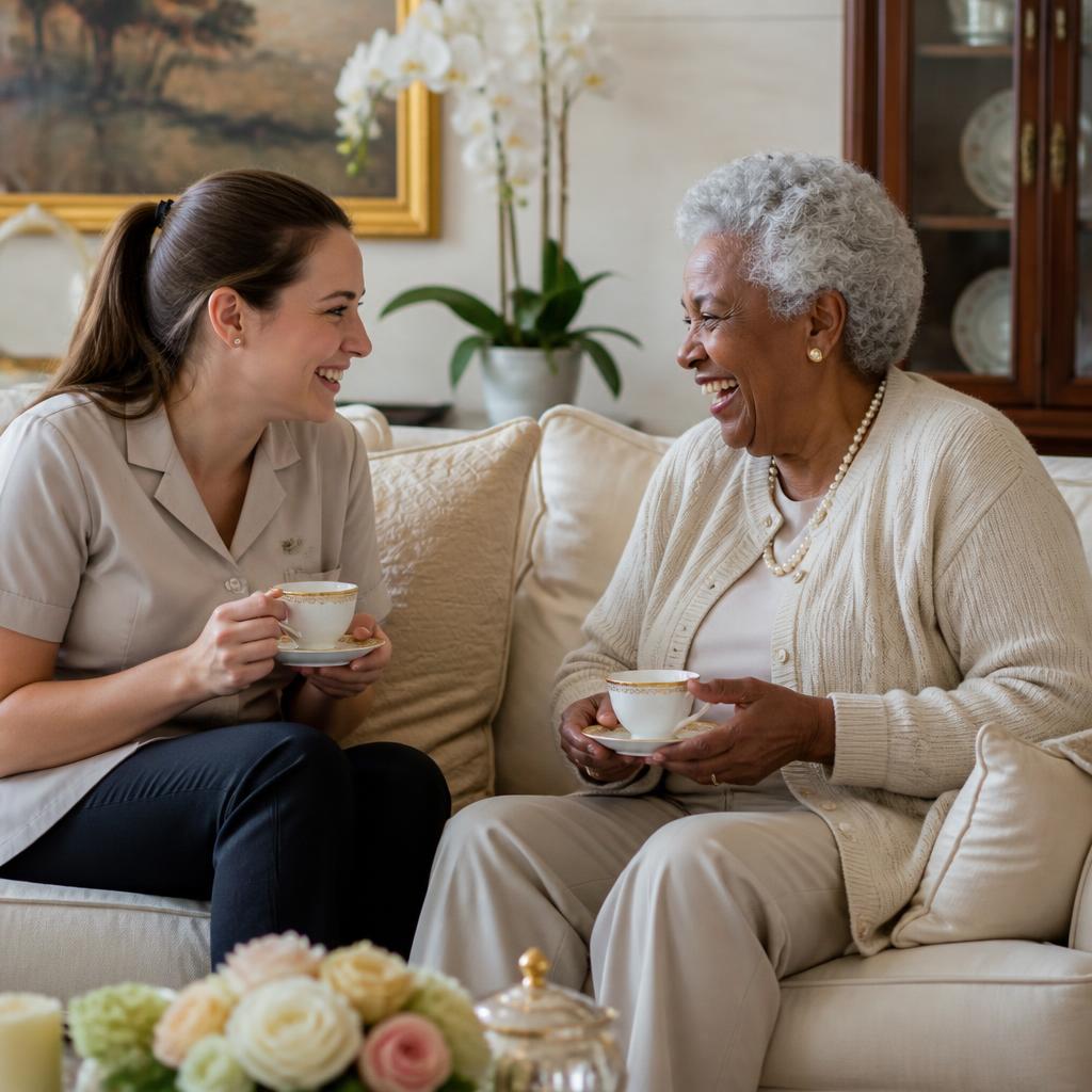 Caregiver sharing a warm moment with elderly client at breakfast