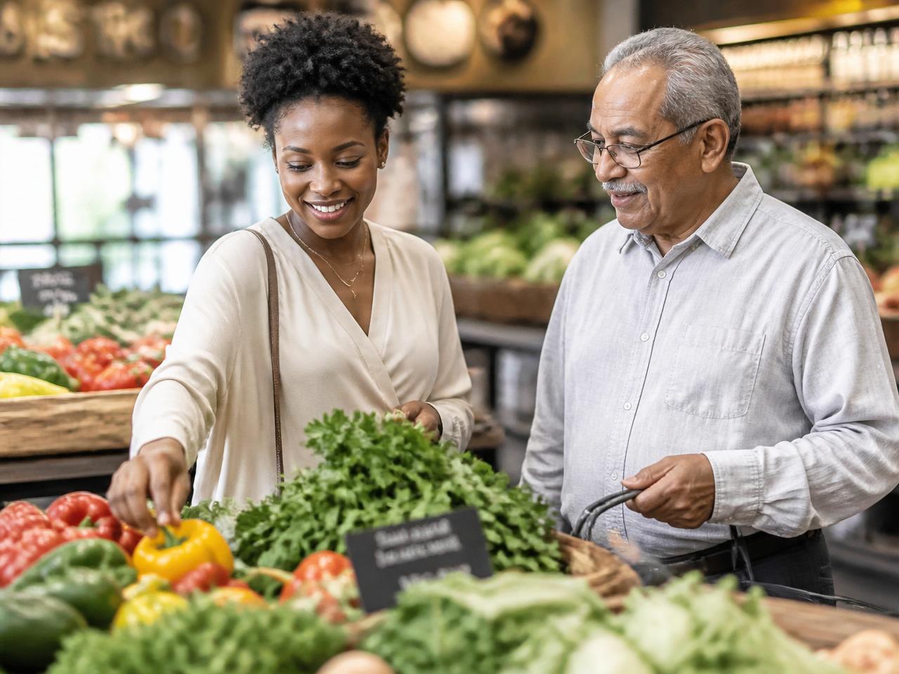 Caregiver helping a client select fresh produce at an upscale grocery market