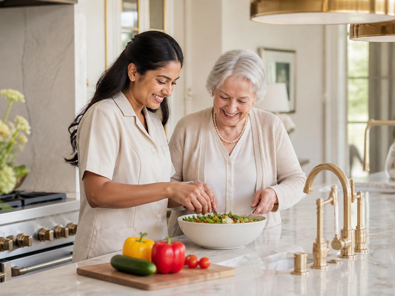 Caregiver and client preparing a fresh meal together in a bright modern kitchen