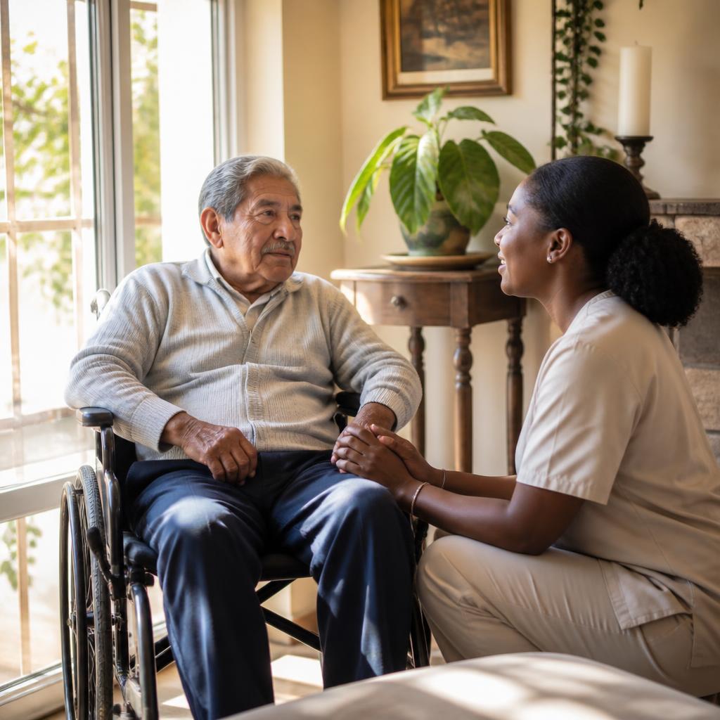 Caregiver respectfully assisting client in wheelchair